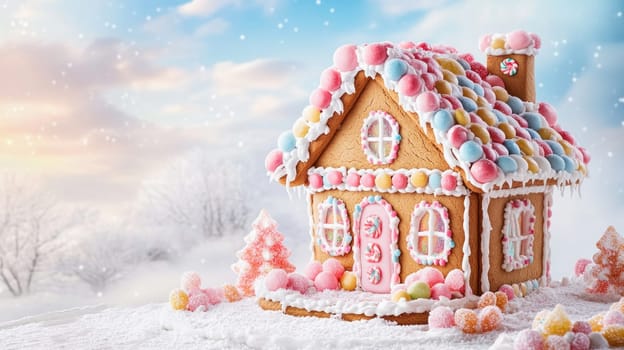 Beautiful gingerbread house with colorful candies stands on snow during snowfall in a winter landscape