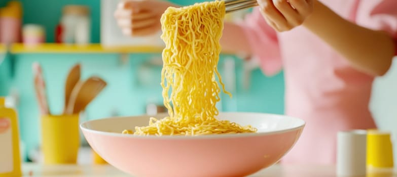 Chef lifting freshly cooked noodles with chopsticks from a bowl in a colorful modern kitchen