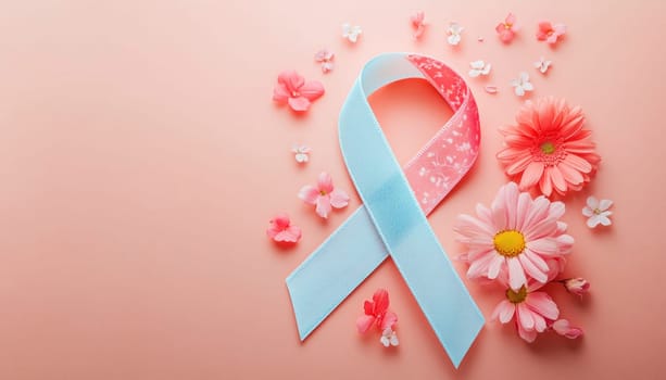 Pink and blue ribbon lying on pink background supporting infertility and cervical cancer awareness