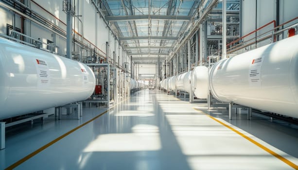 Rows of large white industrial tanks storing chemicals in a modern factory