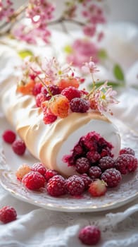 Delicious meringue roll cake filled with raspberries and decorated with fresh berries and spring flowers, creating a beautiful and tempting dessert