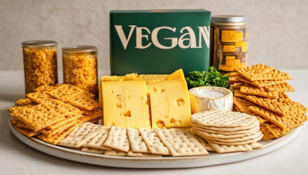 Delicious vegan cheese platter with assorted crackers, plant-based cheese, mustard seeds, and a vegan cheese box