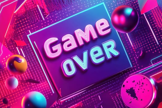 Neon pink and blue game over sign glowing on a vibrant purple background with colorful spheres and geometric shapes