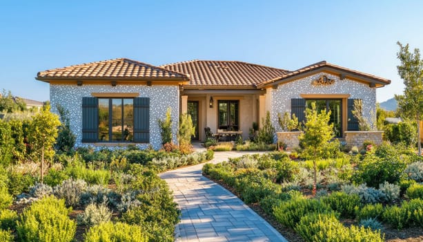 Mediterranean single story house boasts cobblestone facade, clay tile roof, and lush landscaping