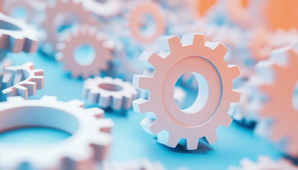 Close-up of white gears rotating on a blue and orange background, symbolizing teamwork, collaboration, and the interconnectedness of complex systems