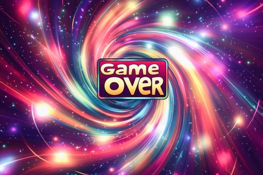 Swirling vortex of vibrant colors and light trails with a game over sign, creating a dynamic and energetic visual