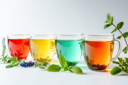 Four glass cups with handles containing different herbal teas such as mint, rooibos, green tea and fruit tea