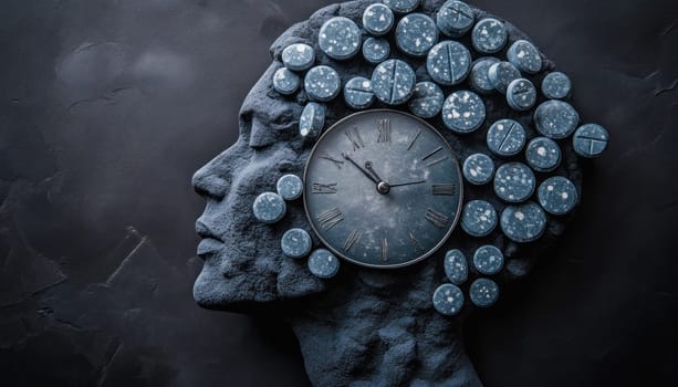 Stone head with clock and pills symbolizing the impact of time on mental health and the importance of treatment