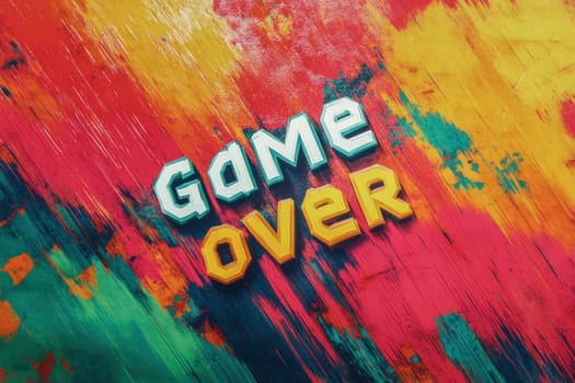 3d rendering of large game over message on a colorful grunge background, symbolizing the end of a game