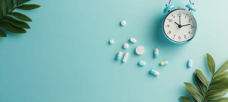 Blue alarm clock and assorted pills on turquoise background with tropical leaves symbolizing medication time and healthcare