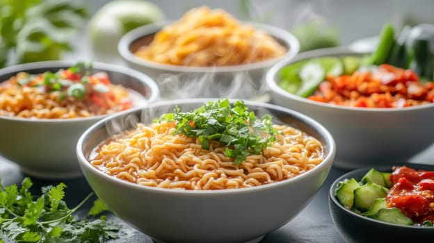Aromatic instant noodles, steaming hot and garnished with fresh herbs, offer a quick and satisfying meal