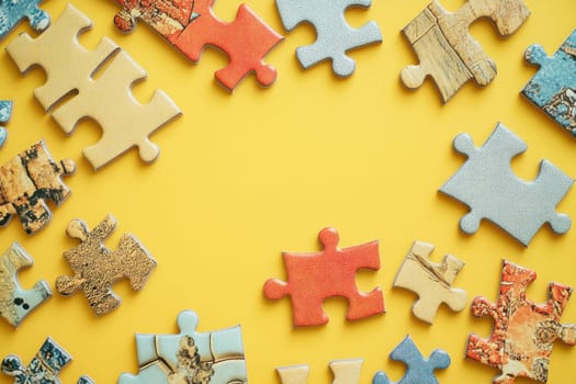 Colorful puzzle pieces creating a frame on a yellow background, offering copy space for text or design elements