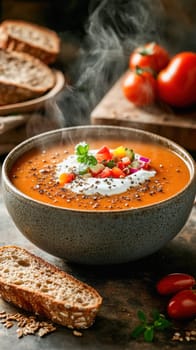 Bowl of steaming hot tomato soup seasoned with sour cream, herbs and sesame seeds, served with bread