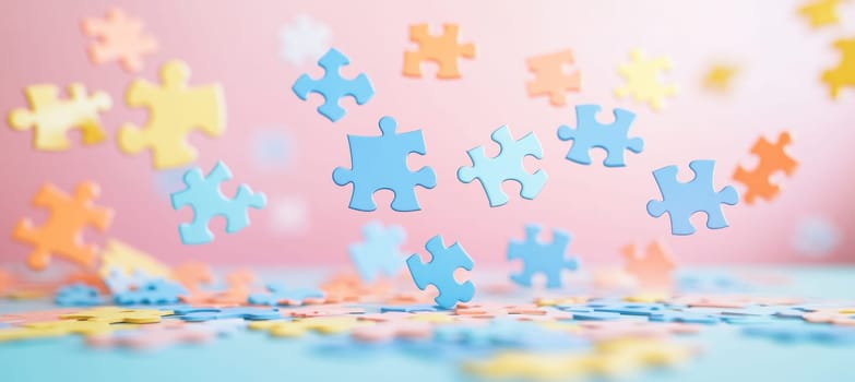 Jigsaw puzzle pieces floating against a pastel background, representing problem-solving, teamwork, and creative thinking