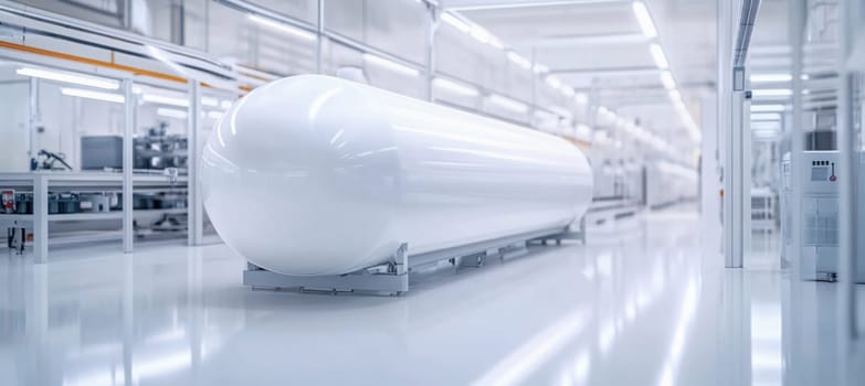 White storage tank with digital display inside a sterile high-tech manufacturing plant showing modern equipment and piping