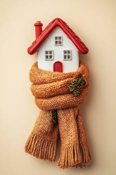 Small house model wrapped in a warm scarf, representing energy efficiency, home insulation, and winter comfort