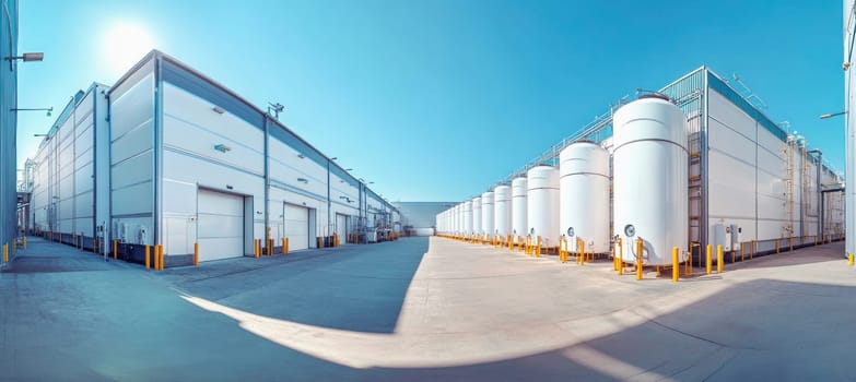 White industrial tanks storing liquid nitrogen in a chemical or pharmaceutical production facility under a clear blue sky