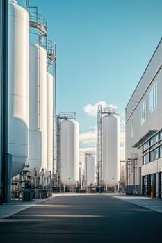 White tanker trucks parked in front of large industrial liquid storage tanks at a chemical plant filling up