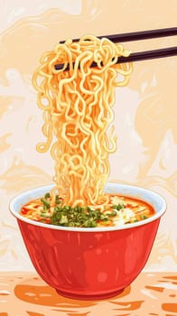 Ramen noodles being lifted with chopsticks from a red bowl of spicy broth, garnished with chopped green onions