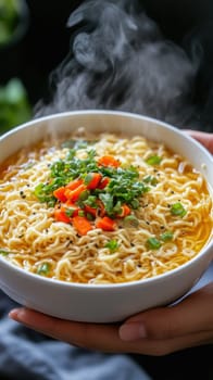 Close-up of a steaming bowl of instant noodles, garnished with chili peppers and green onions, creating a visually appealing and comforting culinary scene