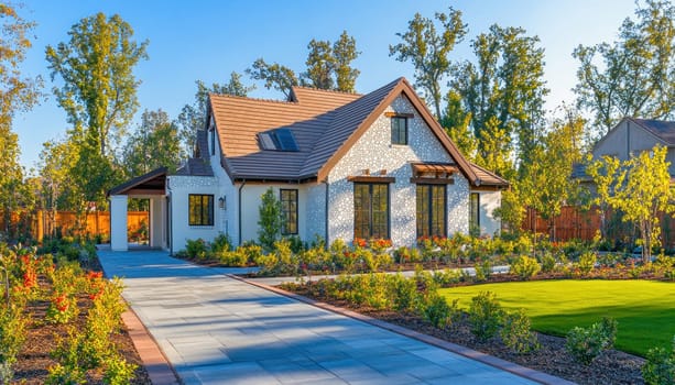 Beautiful small house with a lush garden full of colorful flowers, showcasing curb appeal and landscaping design