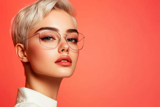 Portrait of confident businesswoman wearing stylish eyeglasses and white shirt on coral background
