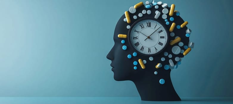 Human head silhouette filled with pills and a clock representing medication schedule, healthcare, and time management