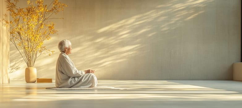 Elderly woman practicing yoga and enjoying peaceful meditation in a room with sunlight and flowers