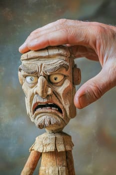 Craftsman examines a wooden puppet with a worried expression, showcasing the intricate details of handcrafted art