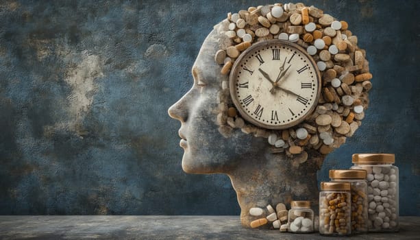 Surreal image of a human head statue filled with various pills and a clock, symbolizing the impact of medication on time and mental health