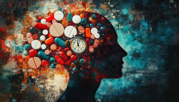 Conceptual image of human head silhouette filled with colorful pills and clock showing midnight, representing drug addiction, mental health and time