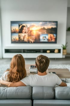 Relaxed couple enjoying memories while watching holiday pictures slideshow on smart tv