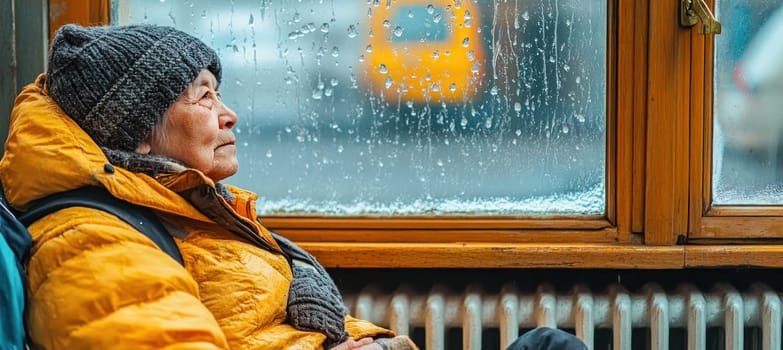 Elderly woman looking outside through rainy window while waiting for her train at the station