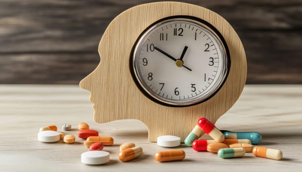 Wooden head silhouette with embedded clock and scattered pills highlighting mental health, medication schedules, and the importance of timely treatment