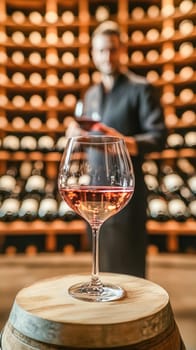 Glass of rose wine standing on wooden barrel in cellar with sommelier holding glass of red wine