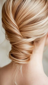 Close-up of elegant hairstyle on blonde woman, showcasing healthy and shiny hair