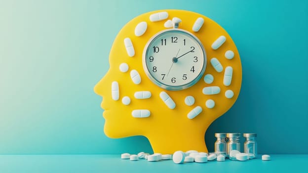 Medication schedule and time concept featuring a clock and pills covering a yellow human head silhouette