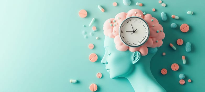 Turquoise head with pink brain and clock is managing time and medicine, symbolizing mental health, medication, and time management