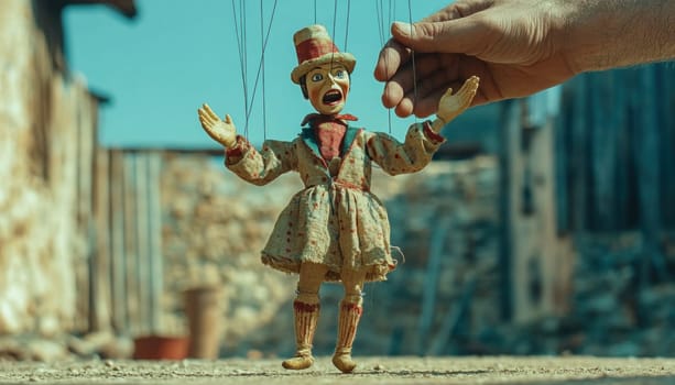 Hand manipulating a vintage marionette in an abandoned place