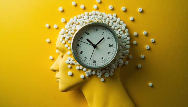 White pills and a clock are placed on a yellow mannequin head against a yellow background, representing medication schedules and adherence