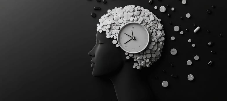 Minimalist black and white image representing medication side effects and mental health issues using pills and a clock