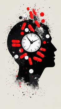 Human head silhouette filled with a clock and red and white pills rotating, representing drug addiction, medication, time dependency, and healthcare