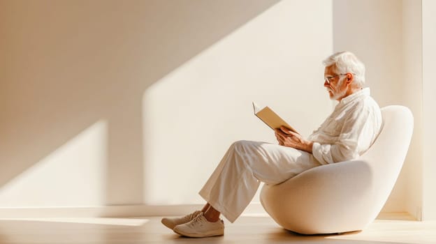 Elderly man enjoying a book while relaxing in an armchair at home, bathed in sunlight