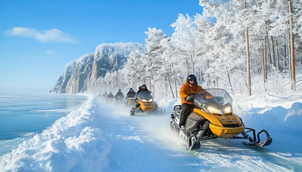 Snowmobilers enjoying a scenic ride on a frozen lake surrounded by snowy mountains