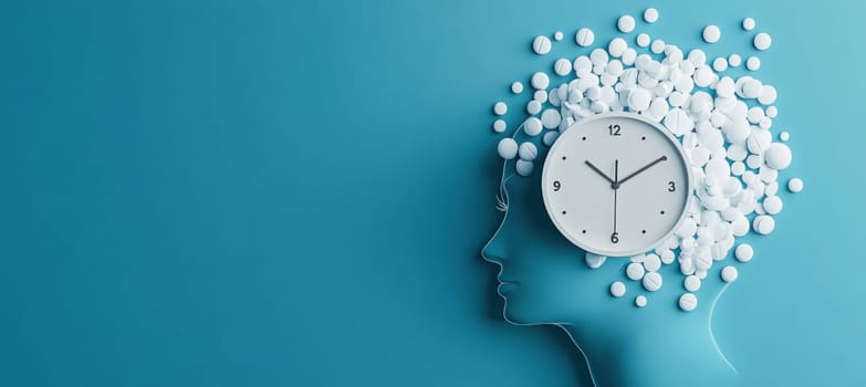 Turquoise head with closed eyes features a clock and pills on top, symbolizing mental health, medication, and the concept of time in therapy and healing