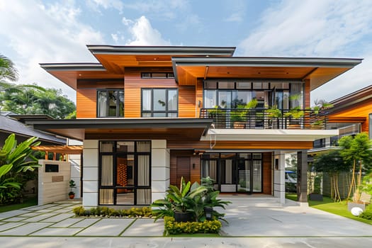 Contemporary two-story house with large windows and wooden exterior design