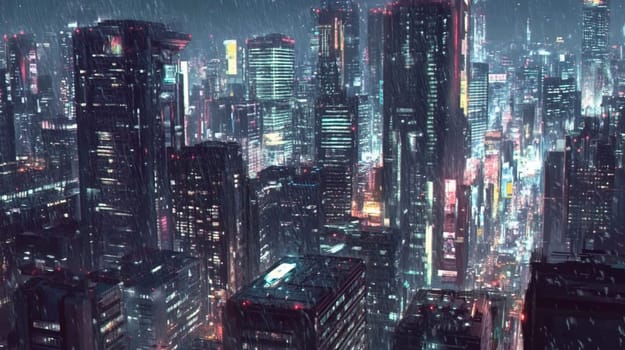 Heavy rain is falling on a futuristic cityscape full of neon signs and skyscrapers at night. This cyberpunk cityscape is both beautiful and desolate