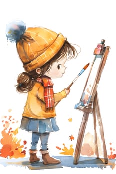 A young girl is creating a colorful painting on an easel using a paintbrush, expressing herself through visual arts and illustration