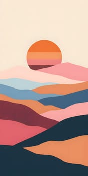 Colorful abstract landscape with sun and layered hills in warm and cool tones