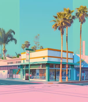 A city landscape featuring a vibrant pink and blue building with palm trees creating shades of relaxation in the leisurely environment. The Arecales plants add to the serene atmosphere